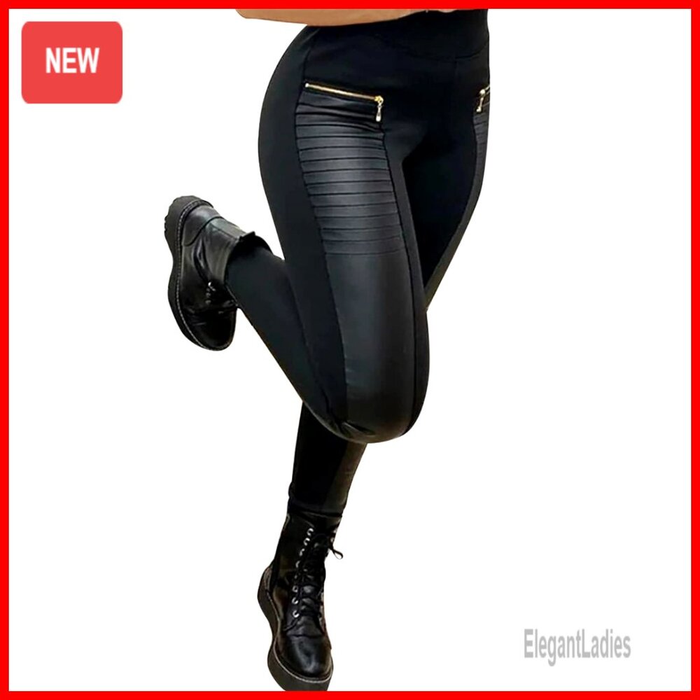 Faux Leather Leggings Mid Rise Zip Patch Stretchy Pleather Pants